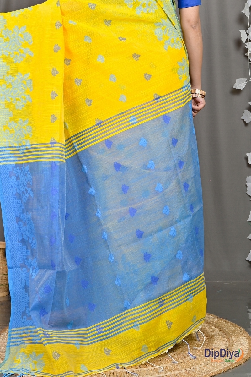 Yellow Blue Cotton Blended Parup Hand Loom Saree (556)
